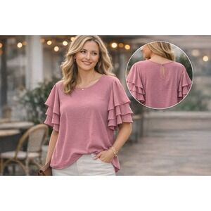 3rd + Malt XL Dusty Rose Ruffle Sleeve Blouse Tiered Flutter Sleeve Keyhole Back